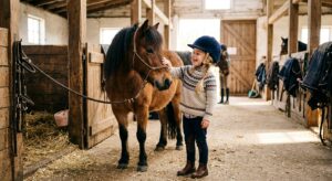 A warm, editorial-style photograph of a happy child wearing an equestrian helmet, gently petting a f