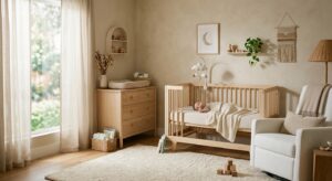 A serene, high-quality editorial photograph of a peaceful nursery with soft, warm morning light, fea