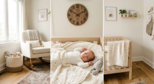 A high-quality, editorial-style photograph of a peaceful baby sleeping in a modern, sunlit nursery w