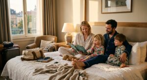 A warm, high-quality editorial photograph of a young family sharing a quiet, comfortable bedtime rou