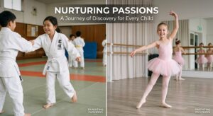 A split-screen editorial photograph showing a child in a white judo gi on one side and a child in da