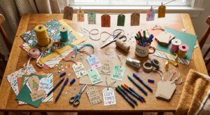 A high-angle, editorial-style photograph of a colorful, DIY gift-tag-making workspace featuring scat