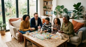 A high-quality, editorial-style photograph of a diverse, joyful family engaged in a cozy weekend act