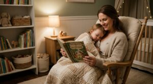A cozy, high-quality editorial photograph of a parent sitting in a soft-lit nursery reading an open