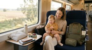 A high-quality, editorial-style lifestyle shot of a modern, organized parent comfortably seated on a