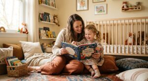 A warm, editorial-style photograph featuring a young child and a parent happily reading a colorful,