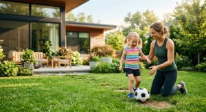 A professional, editorial-style photograph of a young parent teaching a smiling child how to dribble