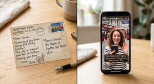 A high-quality, split-screen composition featuring a nostalgic handwritten postcard and a modern sma