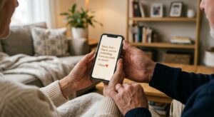 A high-quality, editorial-style photograph of a smartphone displaying a heartfelt message held in so