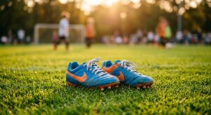 A high-quality, editorial-style photograph of a young child’s soccer cleats placed neatly on a lush
