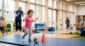 A professional, editorial-style photograph of a happy toddler actively participating in a creative s