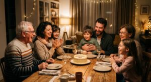 A high-quality, editorial-style photograph of a joyful family gathering around a table at home, cele