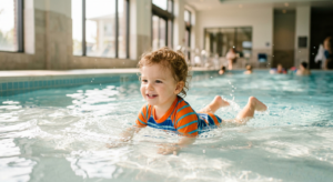 A professional, editorial-style photograph of a happy toddler swimming joyfully in a crystal-clear i
