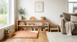 A bright, minimalist, and cozy corner of a small modern living room featuring a stylish Montessori-i