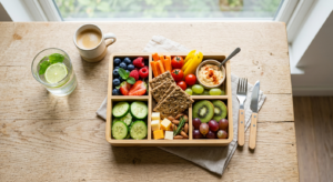 A professional, top-down editorial shot of a colorful, organized bento box filled with healthy snack