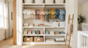 A professional, editorial-style photograph of a neatly organized small nursery closet with color-coo