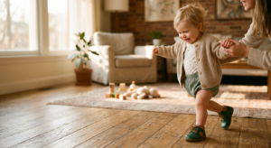 A high-quality, editorial-style close-up of a toddler taking their first steps on a soft wooden floo