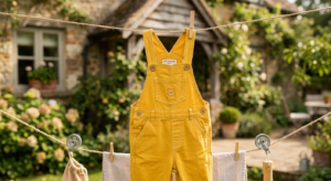 A professional, editorial-style close-up of a pair of clean, bright-colored children's overalls hang