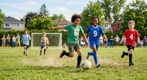 A high-quality, editorial-style photograph of happy children playing soccer on a sunny neighborhood