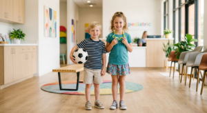 A professional editorial photo of a young boy and girl standing side-by-side, one holding a soccer b