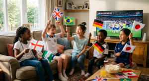 A heartwarming, high-quality editorial photograph of a diverse group of joyful children waving small
