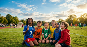 A cinematic, high-quality editorial photograph of a diverse group of young children playing on a sun