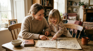 A heartwarming editorial shot of a parent and child sitting together at a wooden table, exploring a