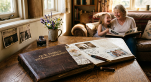 A high-quality, editorial-style photograph of a warm, sunlit wooden desk featuring a beautiful leath