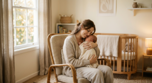 A soft, warm-toned editorial photograph of a peaceful nursery with a parent gently rocking a sleepin