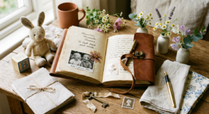 A high-quality, editorial-style photograph of an open, elegant journal surrounded by soft stationery