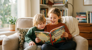 A heartwarming, professional editorial photograph of an older child reading a colorful poetry book a