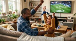 A professional, editorial-style photograph of a diverse parent and child cheering together on a sofa