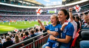 A heartwarming, professional editorial shot of a joyful parent and child wearing matching national t