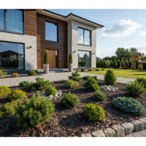 Rodzinny ogród: iglaki miniaturowe przed domem dla młodych rodziców