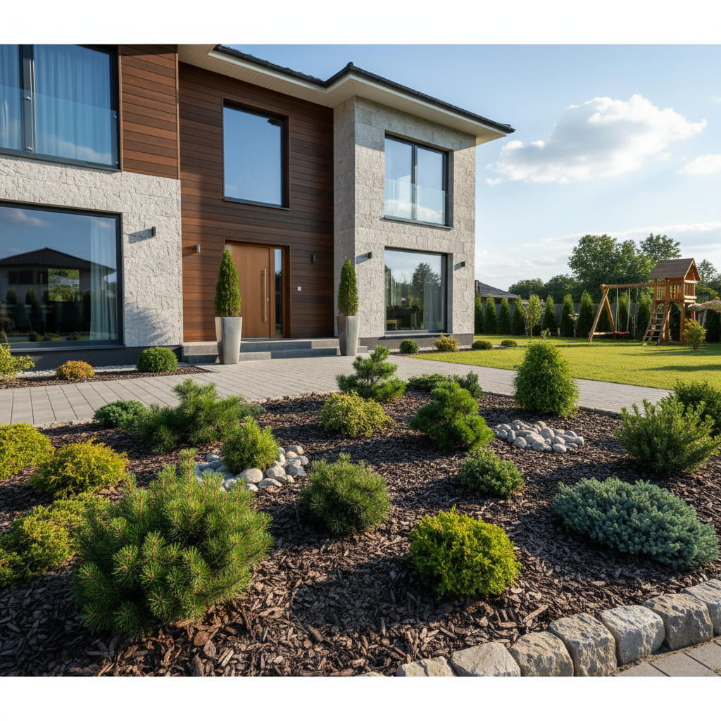 Rodzinny ogród: iglaki miniaturowe przed domem dla młodych rodziców